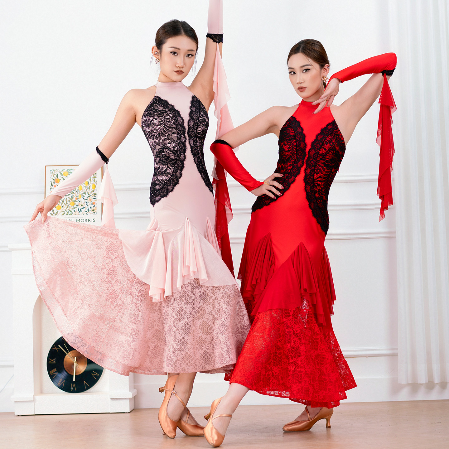 歌瑞亚标准舞摩登舞服挂脖连体鱼骨蕾丝大裙摆训练习表演出舞服