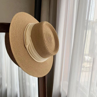 法式草帽遮阳帽海边沙滩大头围平顶礼帽草编英伦风防晒帽大码大号