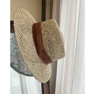 手工钩织咸水草法式平顶草帽大头围海边沙滩防晒遮阳编织镂空大码