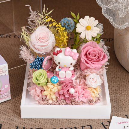 hellokitty正版永生花哈喽凯蒂礼盒结婚情人节送女友闺蜜生日礼物