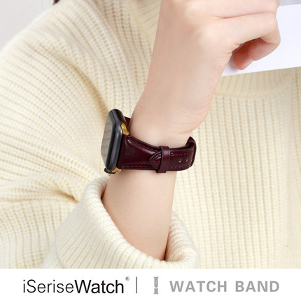 iserisewatch适用于apple watchs11表带小蛮腰油蜡皮se复古高级创意苹果手表s10表带iwatch 7/6酒红色秋冬女