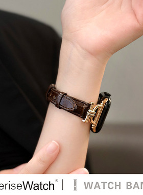 iserisewatch适用iWatchs10代表带苹果手表s11真皮女款applewatch9冬天新款SE鳄鱼纹41mm45高级感红色创意6/7