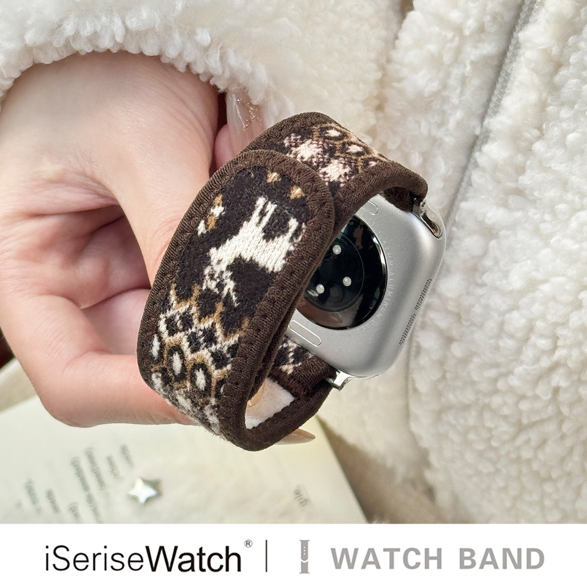 iserisewatch适用苹果手表表带iWatchs11代费尔岛魔术贴applewatchs10百搭SE女款s12麋鹿格纹41mm45秋冬Ultra