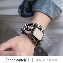 iserisewatch适用于iwatch10表带s9高级苹果手表s8夏天透气applewatchs7金属手串皮质创意小众黑色手镯男款女