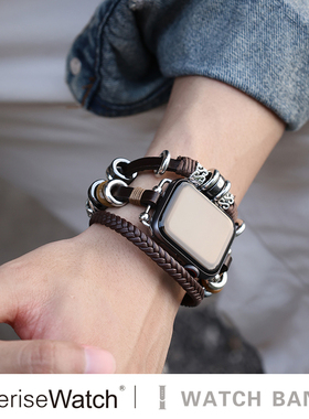 iserisewatch适用于iwatch10表带s11高级苹果手表s9夏透气applewatchs7金属手串皮质创意黑色手镯Ultra1-3