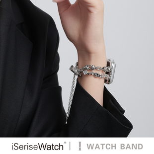 7代克罗心Ultra高级 iserisewatch适用iWatch10表带Applewatch11女款 苹果手表s8金属SE抽拉链条41mm42复古5