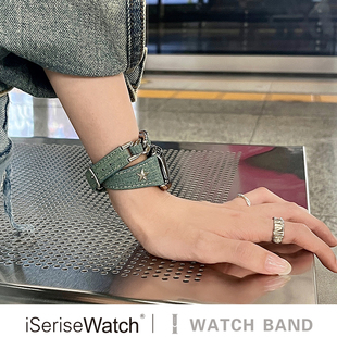 iserisewatch适用于applewatch11表带iwatchs10皮质金属苹果手表s8 7se高级双圈新41mm45小众女夏天牛仔星星