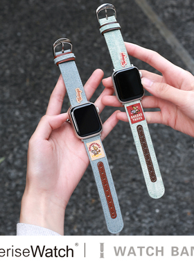 iserisewatch适用iWatchs11代表带苹果手表s9夏天新款applewatch10牛仔SE女41mm45复古Ultra透气皮质6/7创意