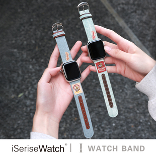 iserisewatch适用iWatchs11代表带苹果手表s9夏天新款 7创意 applewatch10牛仔SE女41mm45复古Ultra透气皮质6