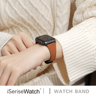 皮质s8 watch女款 iserisewatch适用iwatchs11表带夏天高级感苹果手表s10小蛮腰斜纹磁吸帆布45 42mm小众apple