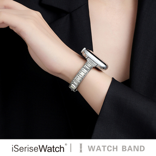 iserisewatch适用Applewatch11代表带iWatchs10女款 苹果手表s9夏透气SE金属41mm41闪钻手镯Ultra高级s6创意7