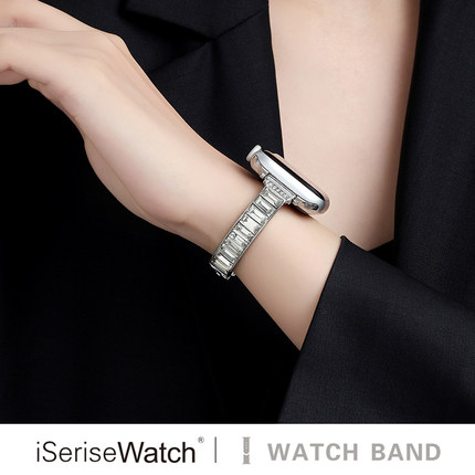 iserisewatch适用Applewatch11代表带iWatchs10女款苹果手表s9夏透气SE金属41mm41闪钻手镯Ultra高级s6创意7