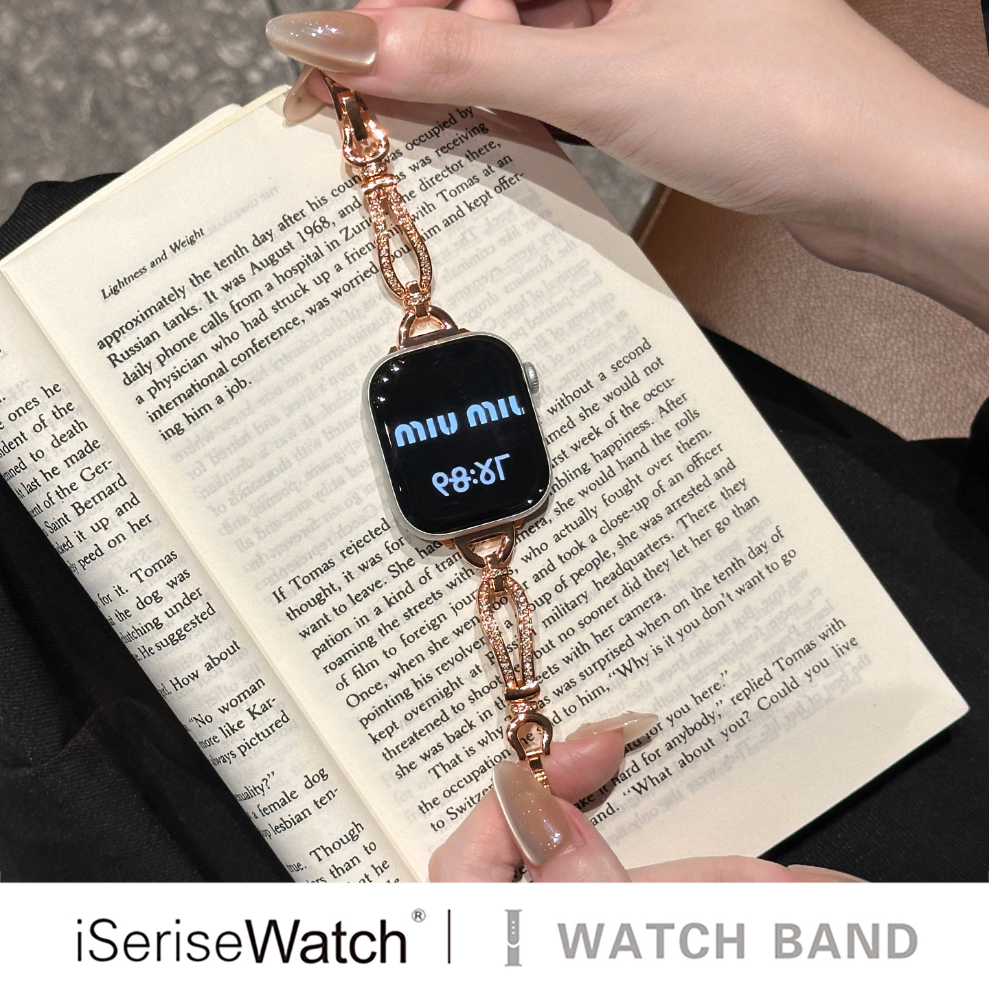 iserisewatch适用苹果手表表带iWatchs11马蹄扣镶钻手镯applewatch10轻奢风s9金属女款41mm高级Ultra夏天表链