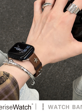 iserisewatch适用于iwatch11代表带s9苹果手表s10夏天applewatch金属s8小众高级黑色皮质创意se40mm女生星星