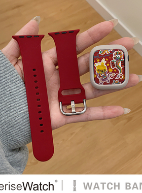 iserisewatch适用applewatchs11表带iwatchs10代秋冬红色41mm硅胶撞色苹果手表s8女款夏天高级感小众创意运动