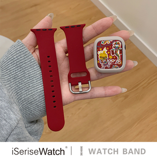 iserisewatch适用applewatchs11表带iwatchs10代秋冬红色41mm硅胶撞色苹果手表s8女款 夏天高级感小众创意运动