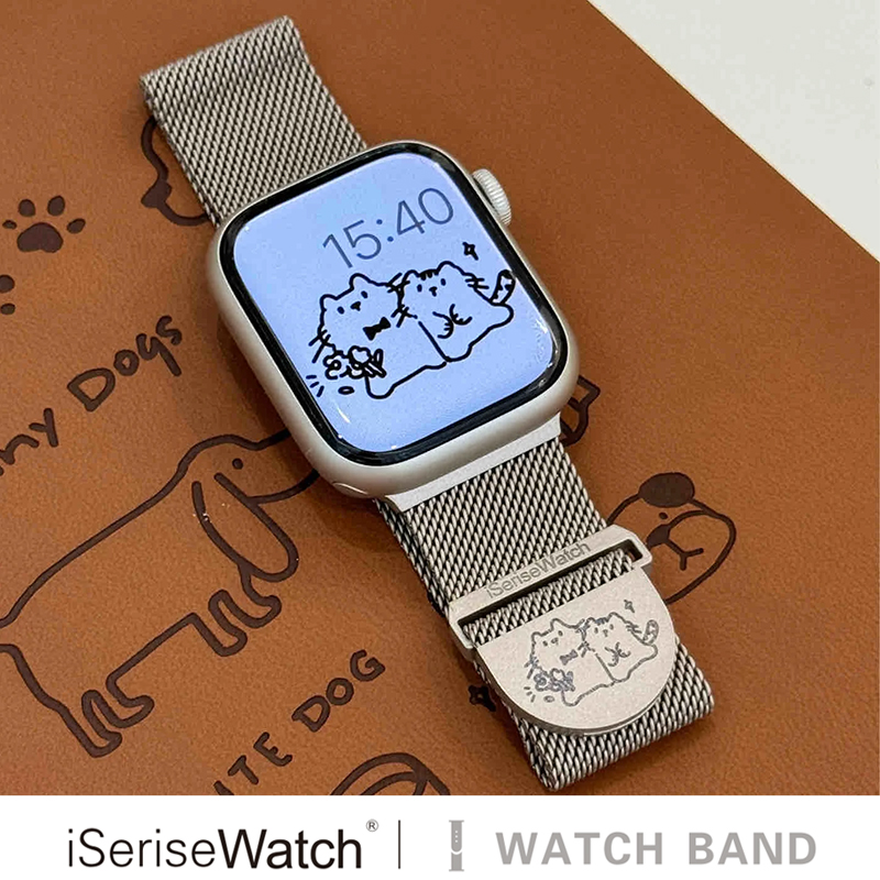 【插画师联名】适用applewatch表带iwatch夏天透气s8磁吸苹果手表s9高级金属星光色女运动不锈钢米兰尼斯小猫