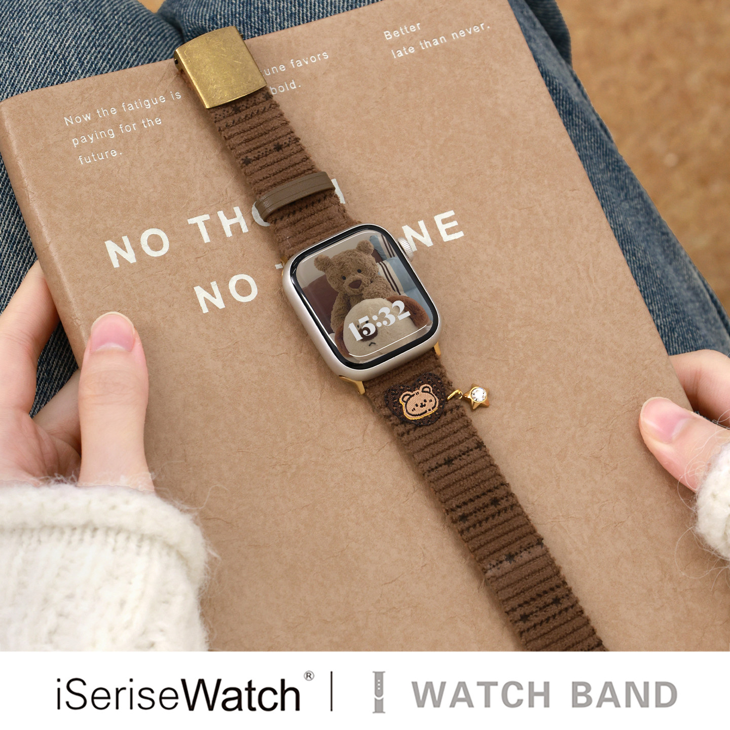 iserisewatch适用苹果手表s11代表带iWatch10/12秋冬爱心小熊灯芯绒表带applewatch8美拉德SE41mm女Ultra创意