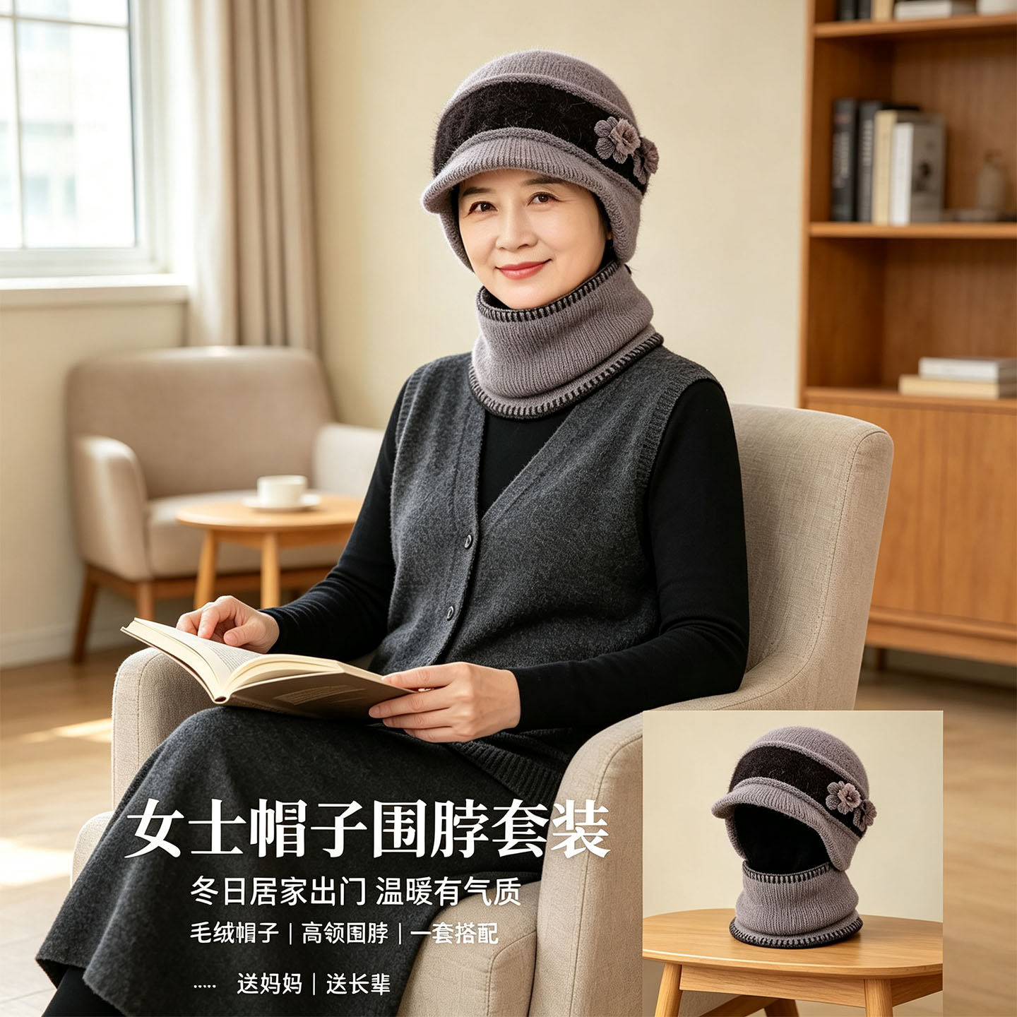 中老年妈妈帽子围脖两件套冬季针织护耳帽加厚保暖送长辈防寒套装