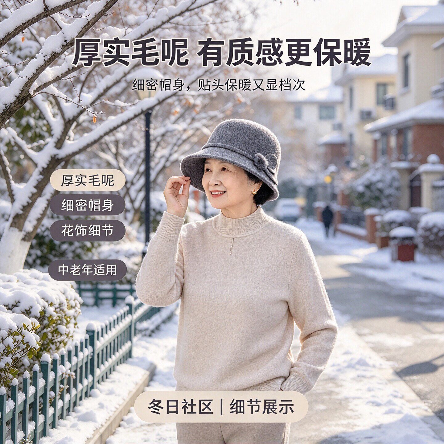 新款中老年女士灰色毛呢盆帽秋冬护耳保暖妈妈帽散步出行防寒礼帽