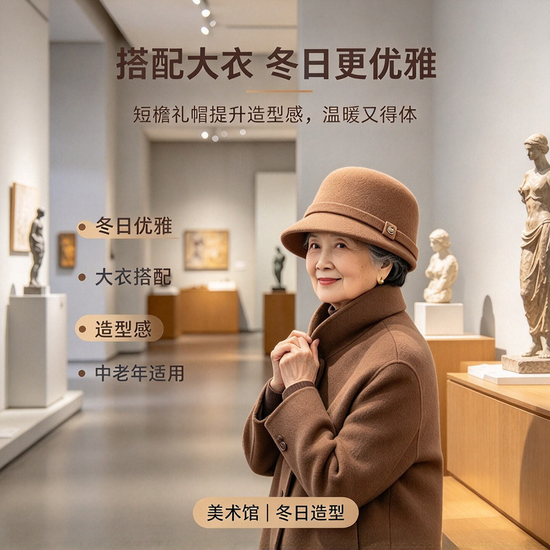 中老年秋冬短檐礼帽妈妈羊毛呢保暖帽修饰脸型老人外出优雅帽子女