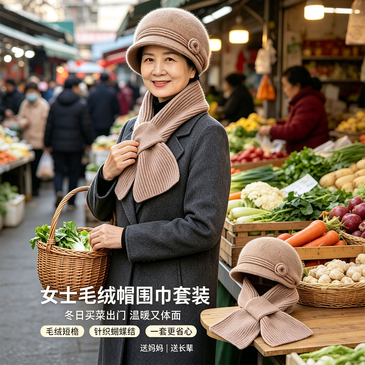 中老年毛绒帽子围巾秋冬出门买菜保暖针织帽妈妈防寒毛线帽两件套