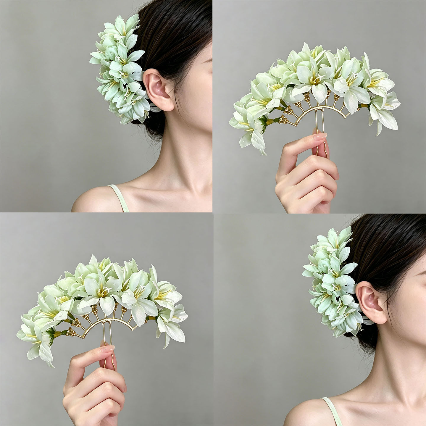 青雾花簇！温柔淡绿花朵发簪！森系仿真花发钗，汉服旗袍百搭发饰