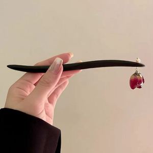 简约新中式干枯玫瑰吊坠发簪女古风盘发木簪子仙气丸子头盘发神器