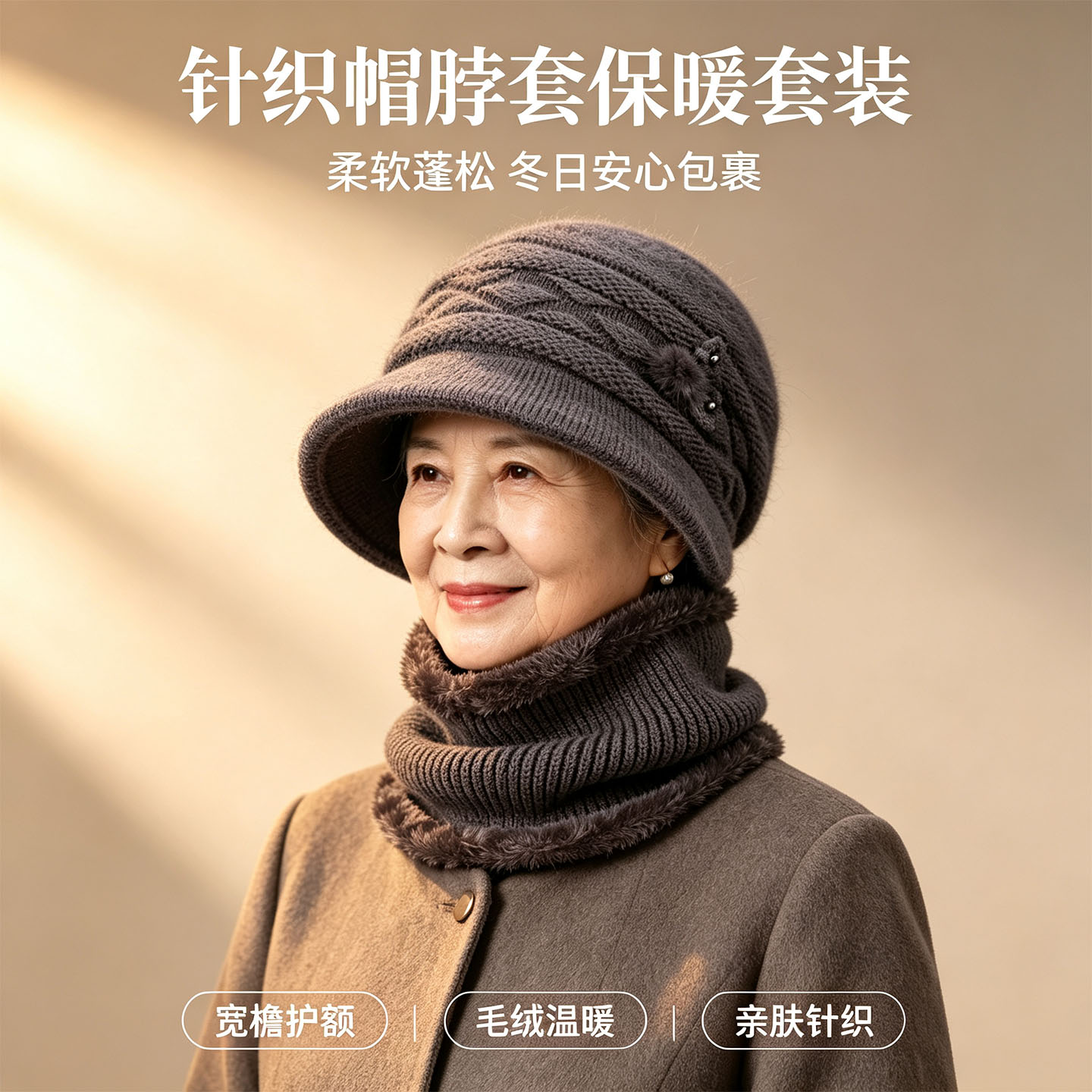 中老年妈妈帽子围巾两件套秋冬加绒针织花饰宽檐帽保暖套装送长辈