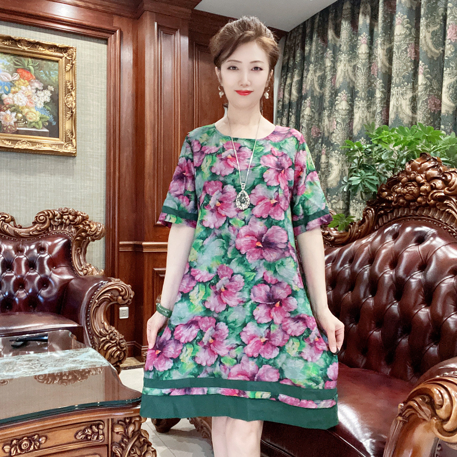 时尚休闲印花短袖连衣裙女士夏装薄款宽松显瘦款中老年大码妈妈装