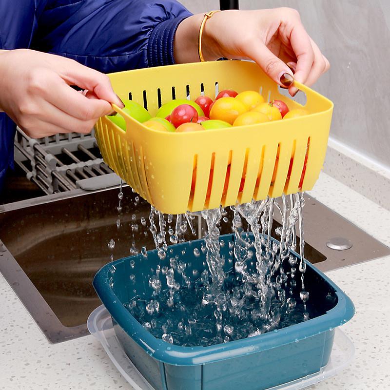 T创意多功能双层沥水篮 带盖厨房冰箱沥水保鲜盒 塑料水果收纳篮