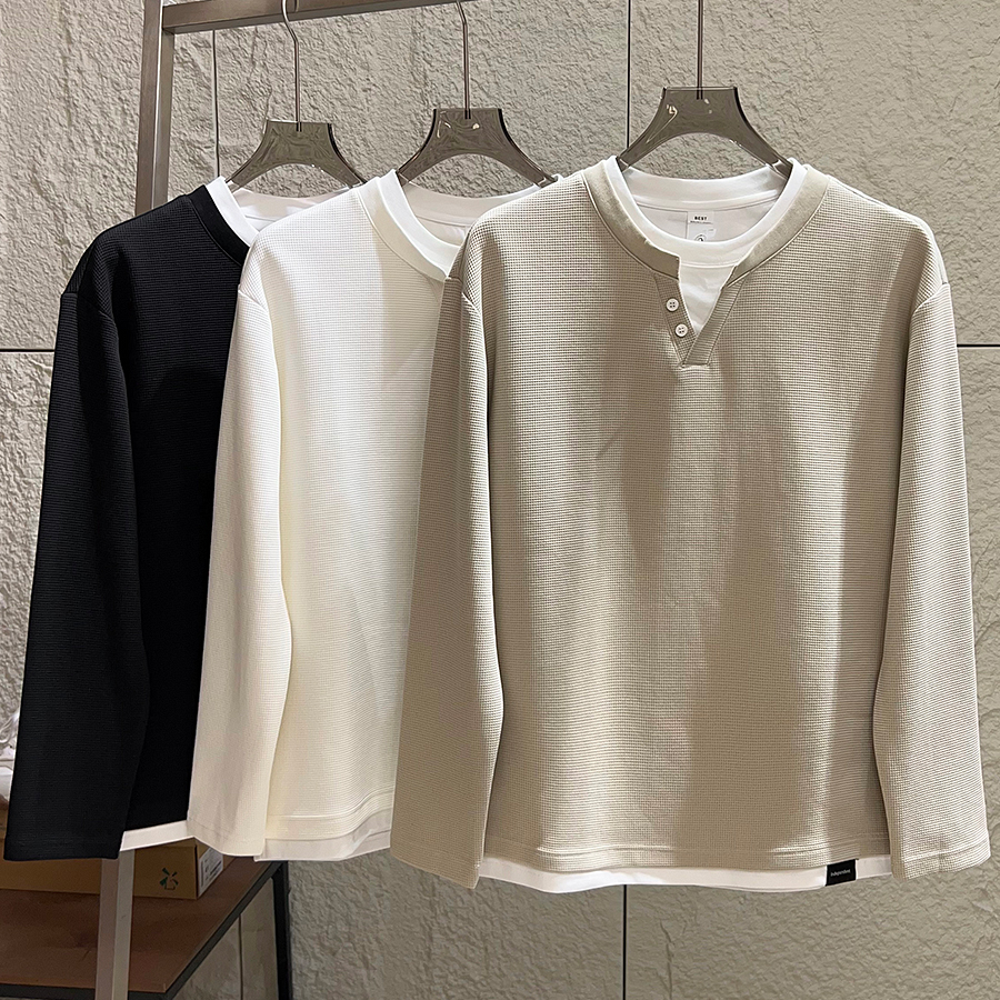 柔软华夫格撞色假两件长袖卫衣潮