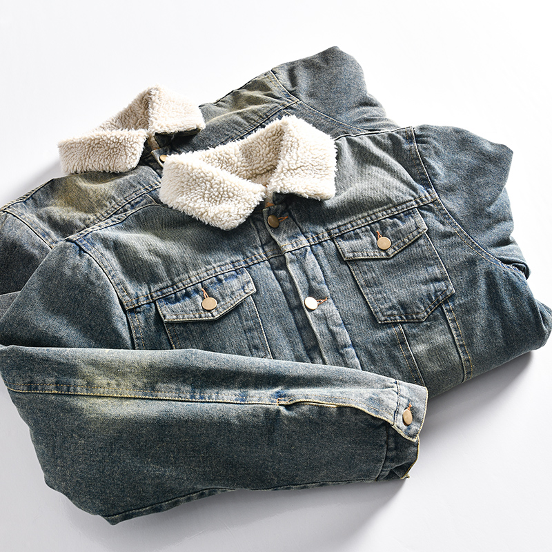 复古做旧加厚羊羔绒翻领牛仔外套