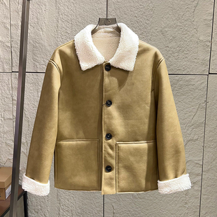 欧美单！仿羊羔绒皮毛一体！秋冬男士加绒保暖复古翻领pu皮衣夹克