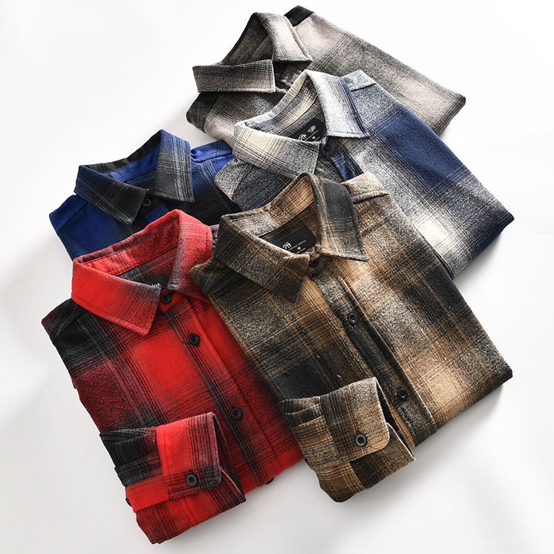 渐变磨毛复古格子长袖衬衫