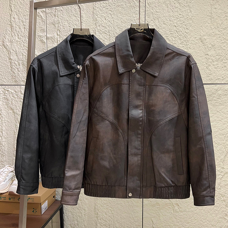 硬朗帅气翻领皮衣夹克复古外套潮