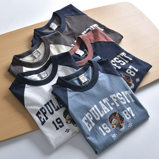 秋季 口碑好货 纯棉水洗磨毛 外贸男装 T恤 休闲百搭圆领撞色长袖