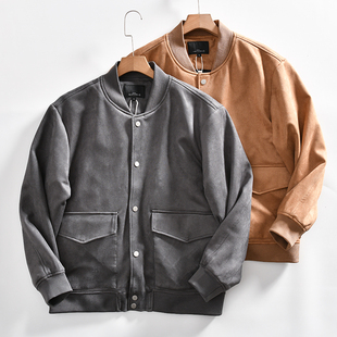西班牙单！柜499 外贸男士春秋细腻弹力麂皮绒工装棒球领夹克外套