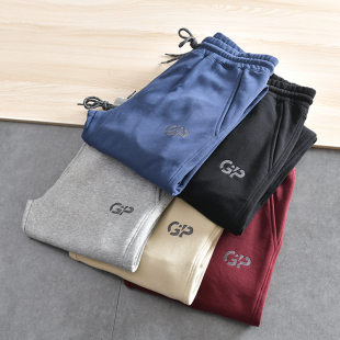 运动休闲纯色松紧腰束口卫裤 细腻毛圈棉 春季 外贸男装 潮 刺绣点缀