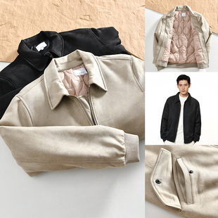 走戏班牙单！绗缝夹棉！秋冬男士纯色百搭加厚麂皮绒翻领夹克棉衣