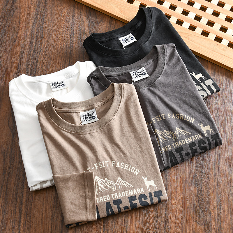 男士纯棉水洗圆领印花长袖T恤