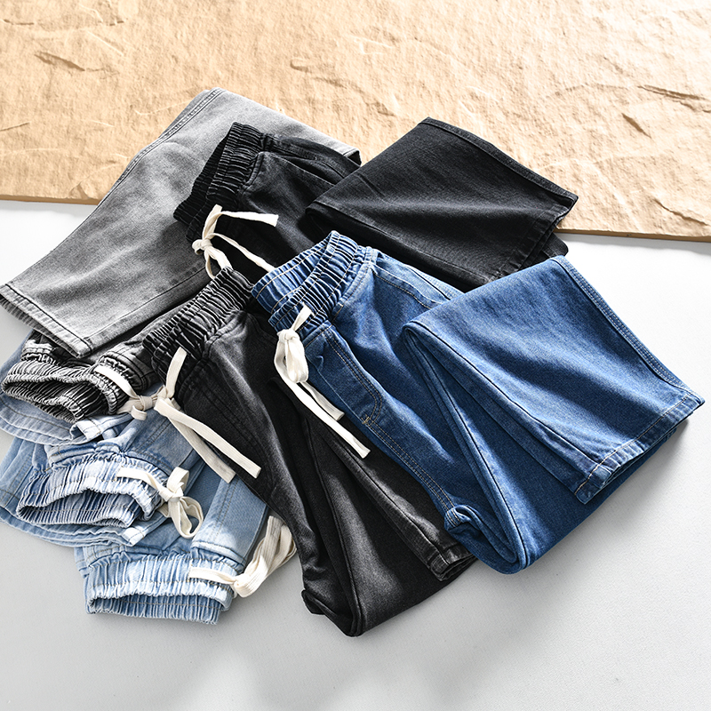 女情侣松紧腰宽松直筒休闲牛仔裤