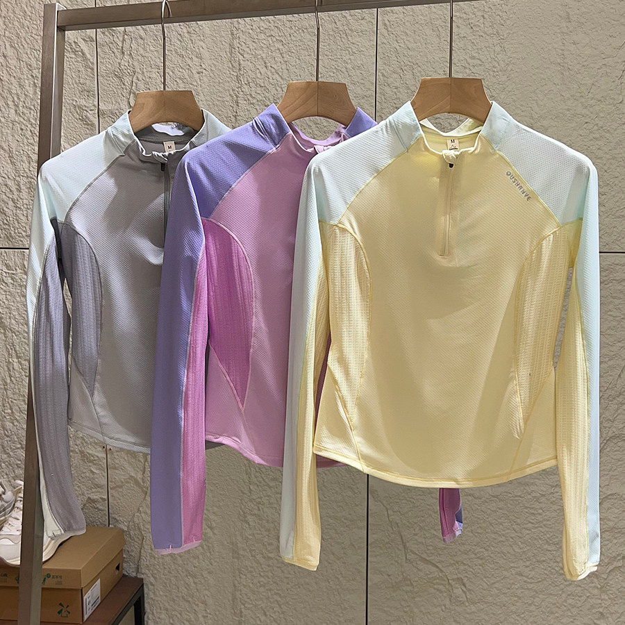 户外山系！吸湿透气速干 秋季撞色防晒骑行半拉链修身长袖T恤衫女