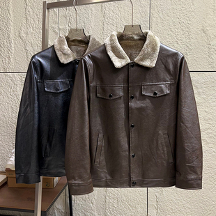 美式痞帅！加绒保暖！秋冬外贸男士复古翻领机车皮衣夹克加厚外套