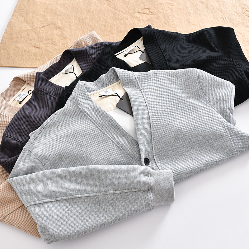 日系复古400g华夫格棉质卫衣外套