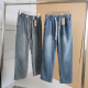 做旧水洗松紧腰直筒牛仔长裤 日系复古 男女美式 春季 人字纹肌理