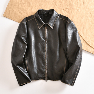 西班牙柜699 男士 时尚 机车翻领皮衣夹克外套 水洗复古擦色PU皮春季