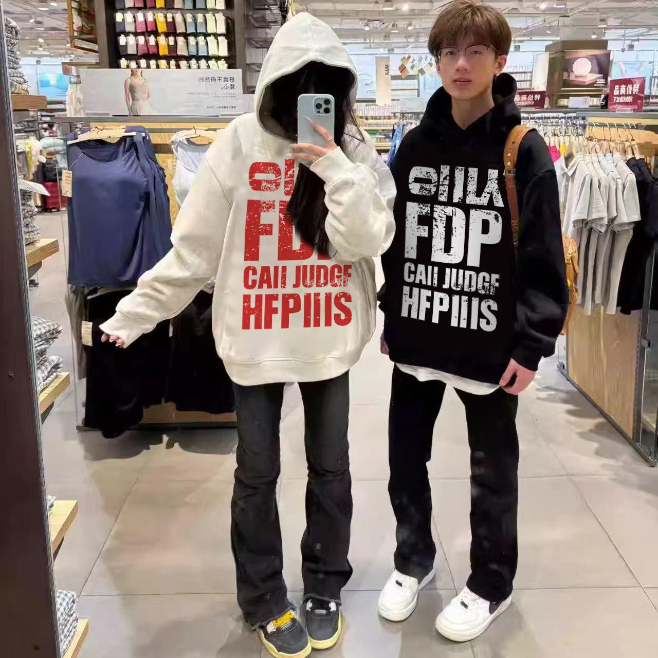 国潮情侣高街oversize连帽卫衣女秋冬美式复古设计感小众外套上衣