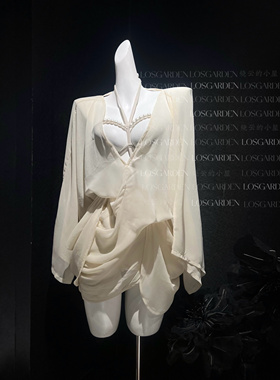 烧云「二进制痒」原创*纯欲白月光*杏色透视显瘦三点式比基尼罩衫