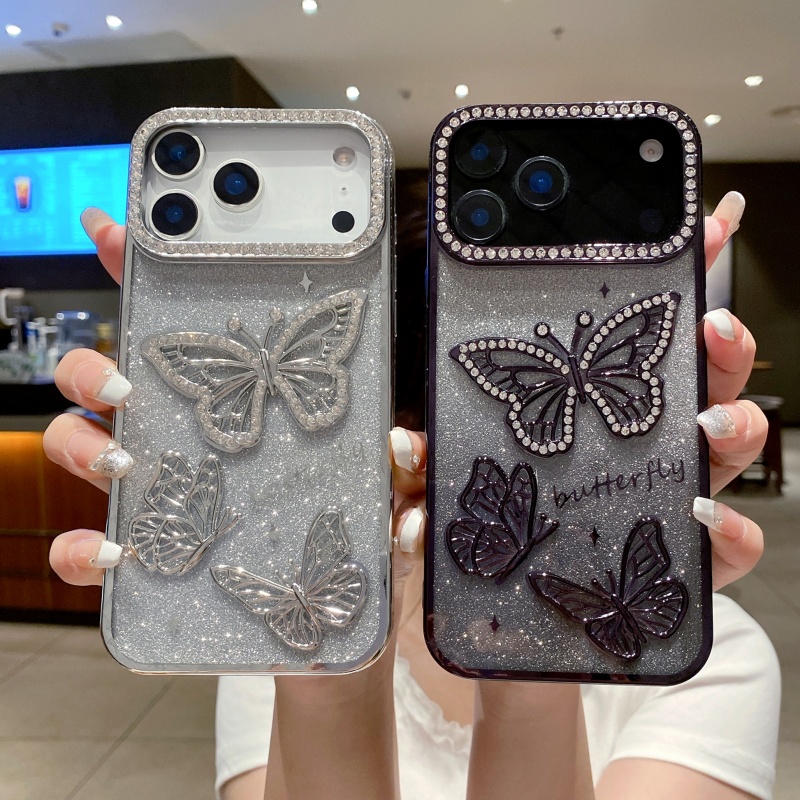 闪钻蝴蝶适用苹果16promax手机壳新款iphone15Pro奢华高级感小众14外壳网红女款13pm软硅胶全包防摔保护套潮